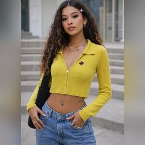 Twik Ribbed Knit Zip Front Green Crop Top